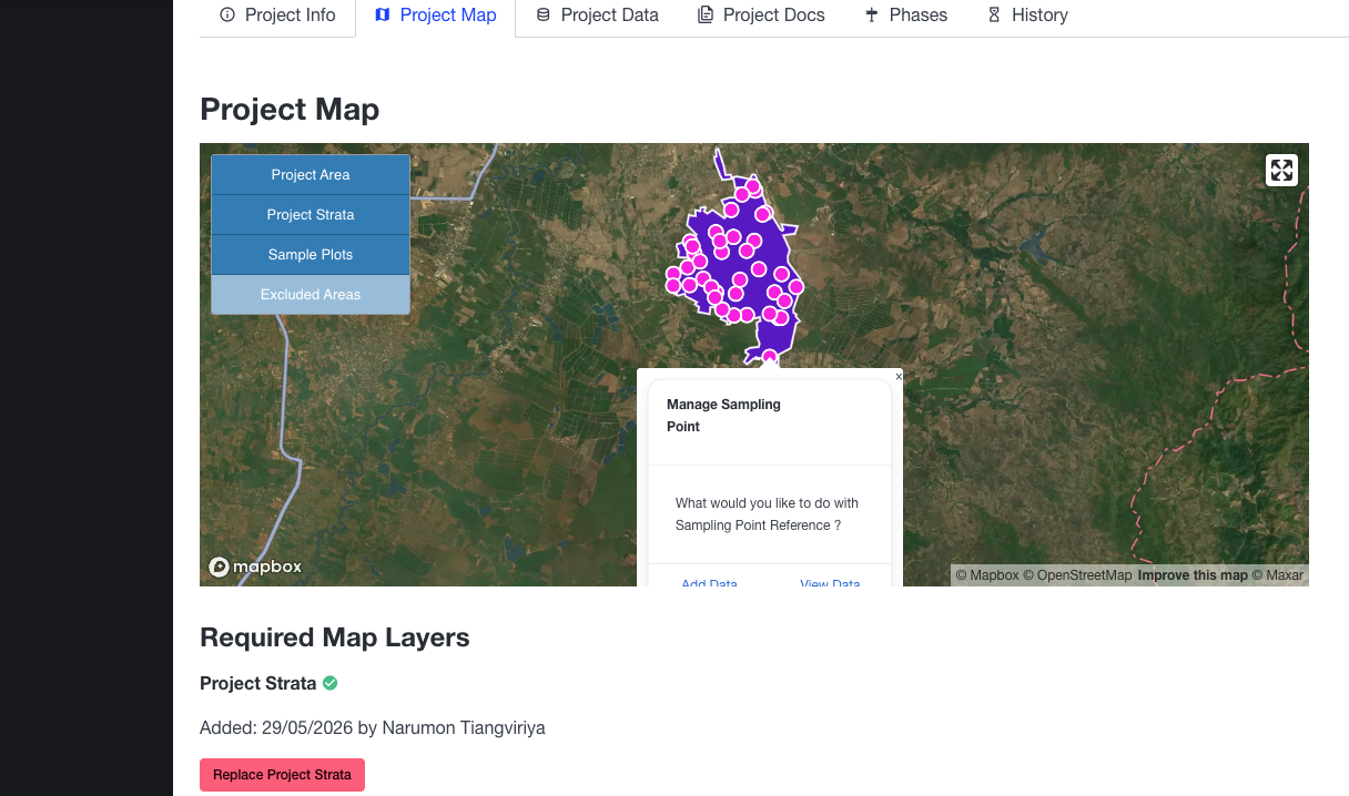 Thrive 2050 dMRV workbench detail showing project map view