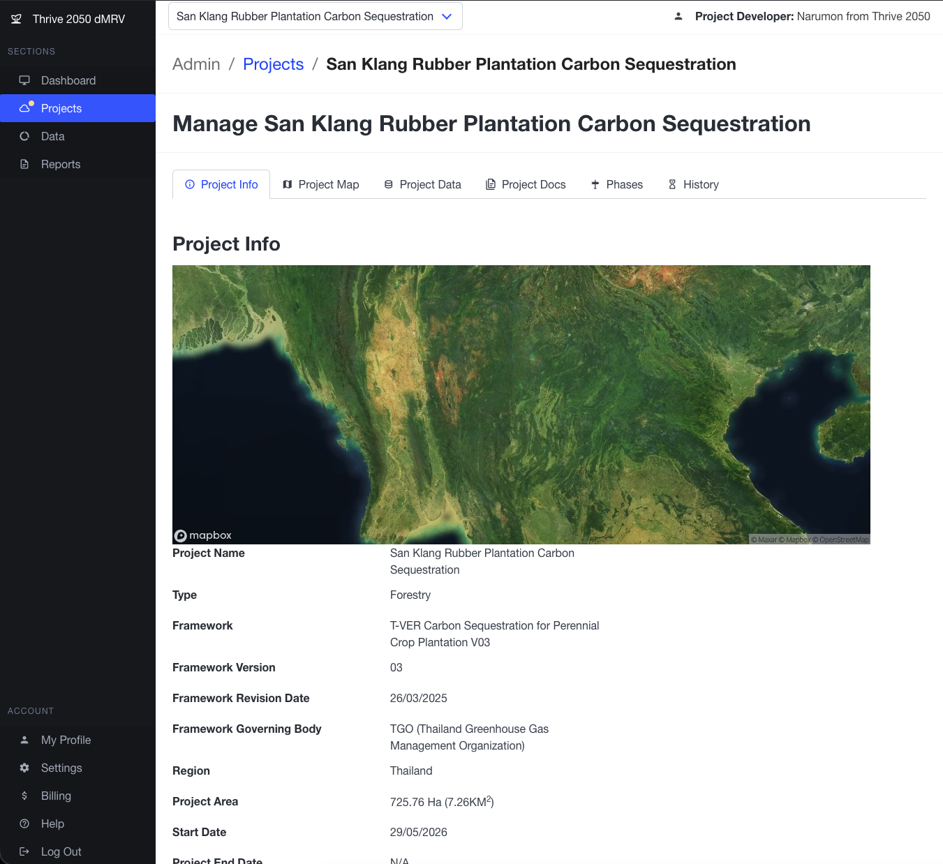 Thrive 2050 dMRV workbench showing a Thailand carbon sequestration project with satellite map, framework details, and project metadata