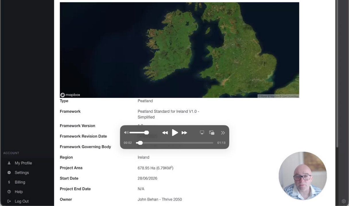 Thrive 2050 project view showing mapped project information and its associated monitoring evidence