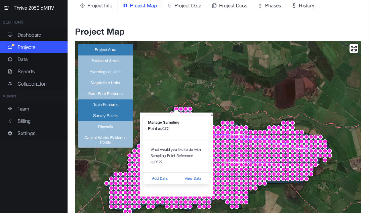 Thrive 2050 dMRV workbench detail showing project map view